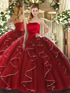  Strapless Sleeveless Quinceanera Dress Floor Length Ruffled Layers Wine Red Tulle