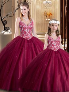  Floor Length Lace Up Sweet 16 Quinceanera Dress Wine Red for Military Ball and Sweet 16 and Quinceanera with Lace