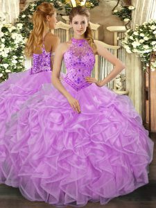  Lavender Ball Gowns Halter Top Sleeveless Organza Floor Length Lace Up Beading and Ruffles Quinceanera Gowns