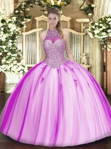 Sumptuous Fuchsia Sweet 16 Quinceanera Dress Military Ball and Sweet 16 and Quinceanera with Beading and Appliques Halter Top Sleeveless Lace Up