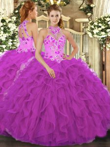  Fuchsia Ball Gowns Halter Top Sleeveless Organza Floor Length Lace Up Beading and Embroidery and Ruffles Sweet 16 Dress