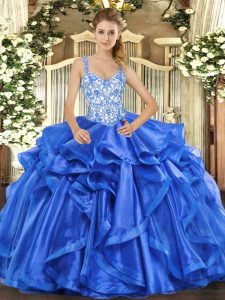  Beading and Ruffles 15 Quinceanera Dress Blue Lace Up Sleeveless Floor Length