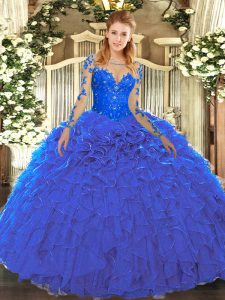 Designer Blue Long Sleeves Floor Length Lace and Ruffles Lace Up Quinceanera Gown