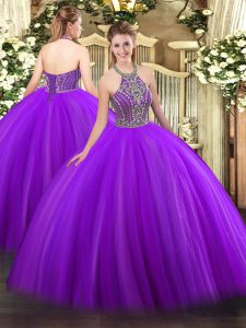  Purple Tulle Lace Up Quince Ball Gowns Sleeveless Floor Length Beading