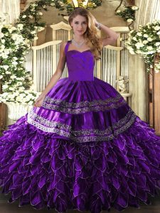  Purple Quinceanera Gown Military Ball and Sweet 16 and Quinceanera with Embroidery and Ruffles Halter Top Sleeveless Lace Up