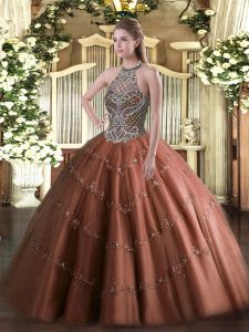 Spectacular Chocolate Tulle Lace Up Quince Ball Gowns Sleeveless Floor Length Beading