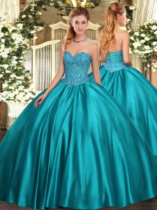 Custom Fit Ball Gowns 15 Quinceanera Dress Teal Sweetheart Satin Sleeveless Floor Length Lace Up