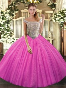 Amazing Hot Pink Quince Ball Gowns Off The Shoulder Sleeveless Lace Up