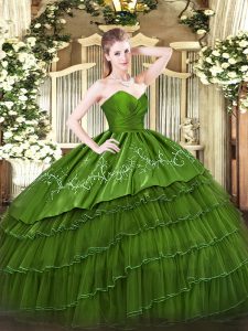 Designer Green Organza and Taffeta Zipper Quince Ball Gowns Sleeveless Floor Length Embroidery and Ruffled Layers