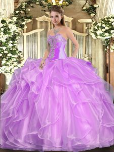 Exceptional Beading and Ruffles Quince Ball Gowns Lilac Lace Up Sleeveless Floor Length
