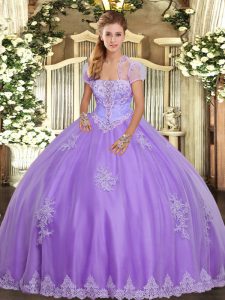 Affordable Strapless Sleeveless Vestidos de Quinceanera Floor Length Appliques Lavender Tulle