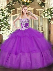 High Class Strapless Sleeveless Quince Ball Gowns Floor Length Beading and Ruffled Layers Purple Tulle