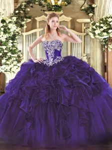 Enchanting Purple Organza Lace Up Quince Ball Gowns Sleeveless Floor Length Beading and Ruffles