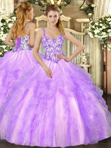 Popular Floor Length Lavender 15 Quinceanera Dress Organza Sleeveless Beading and Appliques and Ruffles