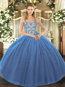 Navy Blue Sleeveless Appliques Floor Length 15 Quinceanera Dress