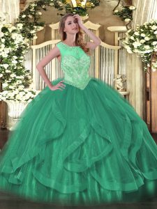 Modest Tulle Scoop Sleeveless Lace Up Beading and Ruffles Vestidos de Quinceanera in Turquoise
