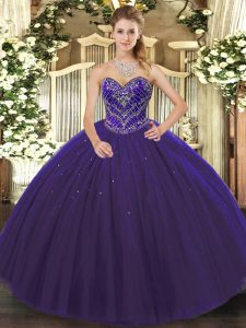 Best Floor Length Purple 15th Birthday Dress Tulle Sleeveless Beading