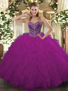Captivating Floor Length Lace Up Quinceanera Gowns Fuchsia for Military Ball and Sweet 16 and Quinceanera with Beading and Ruffled Layers