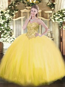 Latest Gold Sleeveless Floor Length Appliques Lace Up Vestidos de Quinceanera