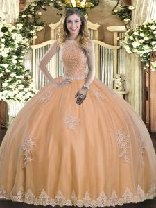  Floor Length Ball Gowns Sleeveless Peach Quinceanera Dress Lace Up