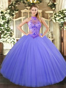  Sleeveless Tulle Floor Length Lace Up Sweet 16 Dress in Lavender with Beading and Embroidery