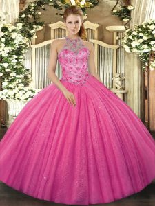 Amazing Hot Pink Ball Gowns Tulle Halter Top Sleeveless Beading and Embroidery Floor Length Lace Up Quinceanera Gown