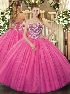 Artistic Hot Pink Sleeveless Beading Floor Length Vestidos de Quinceanera