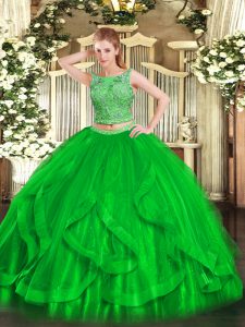  Scoop Sleeveless Organza Ball Gown Prom Dress Beading and Ruffles Lace Up