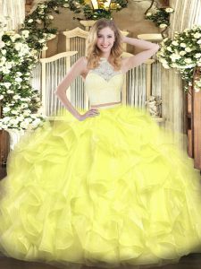 Trendy Yellow Scoop Zipper Lace and Ruffles Ball Gown Prom Dress Sleeveless