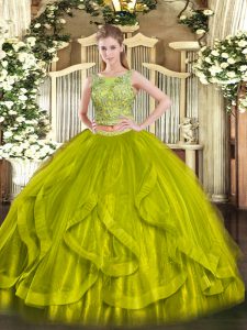 Dramatic Floor Length Olive Green Quinceanera Dresses Organza Sleeveless Beading and Ruffles
