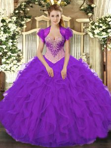 Decent Purple Sleeveless Beading and Ruffles Floor Length Ball Gown Prom Dress