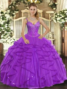  Sleeveless Tulle Floor Length Lace Up Vestidos de Quinceanera in Eggplant Purple with Beading and Ruffles