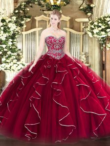 Nice Wine Red Sleeveless Floor Length Beading and Ruffles Lace Up Sweet 16 Dress