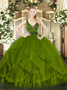 Clearance Tulle Straps Sleeveless Zipper Beading and Ruffles 15th Birthday Dress in Olive Green