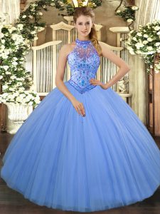  Baby Blue Sleeveless Floor Length Beading and Embroidery Lace Up Ball Gown Prom Dress