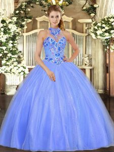  Blue Lace Up Halter Top Embroidery Quince Ball Gowns Tulle Sleeveless