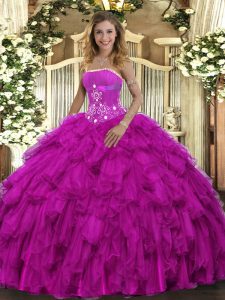 Shining Fuchsia Lace Up Strapless Beading and Ruffles Quinceanera Dresses Organza Sleeveless
