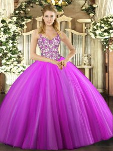 Admirable Sleeveless Floor Length Beading and Appliques Lace Up 15th Birthday Dress with Lilac
