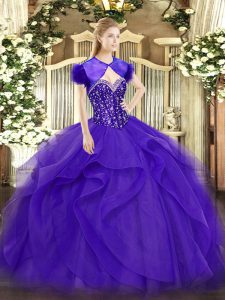 Fantastic Purple Ball Gowns Tulle Sweetheart Sleeveless Beading and Ruffles Floor Length Lace Up Quinceanera Dresses