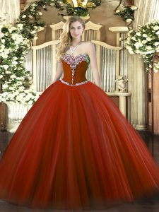 Great Floor Length Rust Red Quince Ball Gowns Tulle Sleeveless Beading
