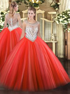  Ball Gowns Quinceanera Dress Coral Red Scoop Tulle Sleeveless Floor Length Zipper