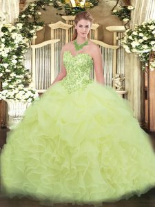 Cute Sweetheart Sleeveless Quinceanera Dresses Floor Length Appliques and Ruffles Yellow Green Organza