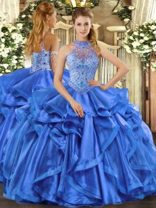  Ball Gowns Vestidos de Quinceanera Blue Halter Top Organza Sleeveless Lace Up