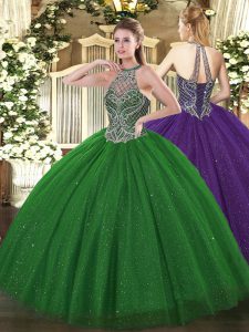  Halter Top Sleeveless Lace Up Sweet 16 Dress Green Tulle