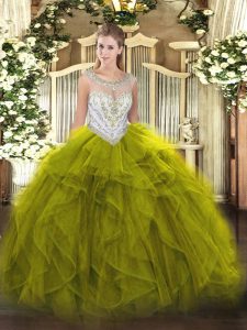 New Arrival Floor Length Zipper Ball Gown Prom Dress Olive Green for Military Ball and Sweet 16 and Quinceanera with Beading and Ruffles