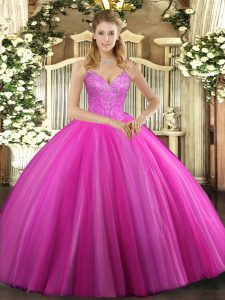 Glittering Fuchsia Sleeveless Beading Floor Length Ball Gown Prom Dress