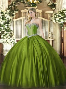  Olive Green Ball Gowns Beading Quince Ball Gowns Lace Up Satin Sleeveless Floor Length