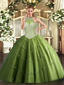  Tulle Halter Top Sleeveless Lace Up Beading and Appliques Quinceanera Dresses in Olive Green