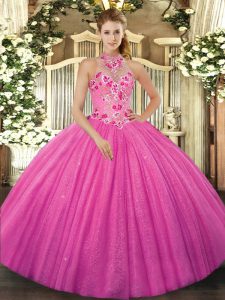 Fashionable Hot Pink Ball Gowns Halter Top Sleeveless Tulle Floor Length Lace Up Beading and Embroidery Ball Gown Prom Dress