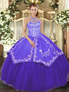 Spectacular Sleeveless Satin and Tulle Floor Length Lace Up Quinceanera Gown in Purple with Beading and Embroidery